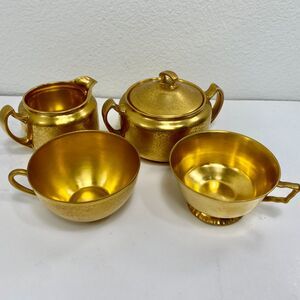 Gold Pickard Etched Bone China 24KG Tea Set Sugar Creamer Two Cups Hand Painted